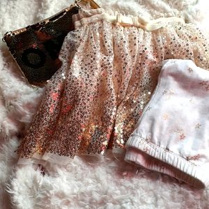 Bundle: Gold sequences skirt, purse, trim leggings